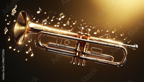 A golden trumpet rests on a wooden surface, surrounded by shimmering musical notes. The instrument's intricate design and polished finish evoke a sense of elegance and sophistication. 