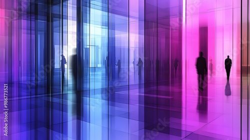 Abstract Glass Corridor with People Silhouettes