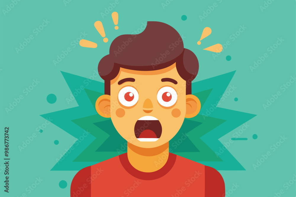 A young man expresses shock and surprise with wide eyes and an open mouth, emphasizing his startled reaction, Customizable flat illustration that startles. A young man expresses shock and surprise with wide eyes and an open mouth, emphasizing his startled reaction, Customizable flat illustration that startles.