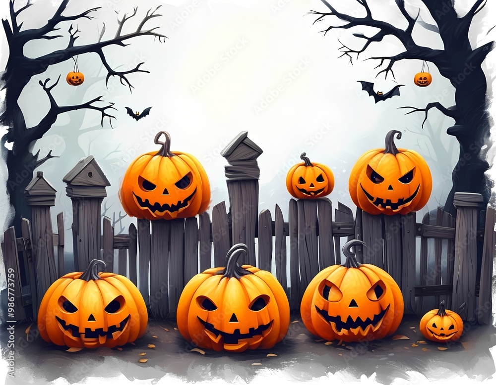 A spooky Halloween scene featuring jack-o'-lanterns, gravestones, and bats against a white background. The jack-o'-lanterns have carved faces with eerie expressions, while the gravestones are adorned A spooky Halloween scene featuring jack-o'-lanterns, gravestones, and bats against a white background. The jack-o'-lanterns have carved faces with eerie expressions, while the gravestones are adorned