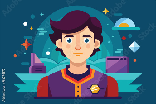 This colorful flat illustration features a young individual amidst various digital design elements, Customizable flat illustration using digital tools.