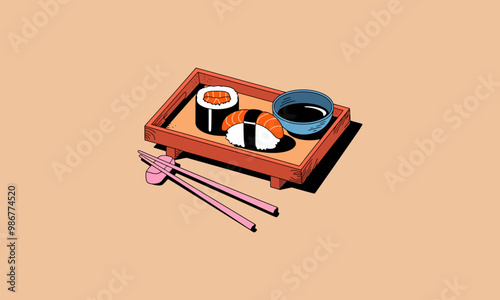 Sushi platter with chopsticks and soy sauce vector.