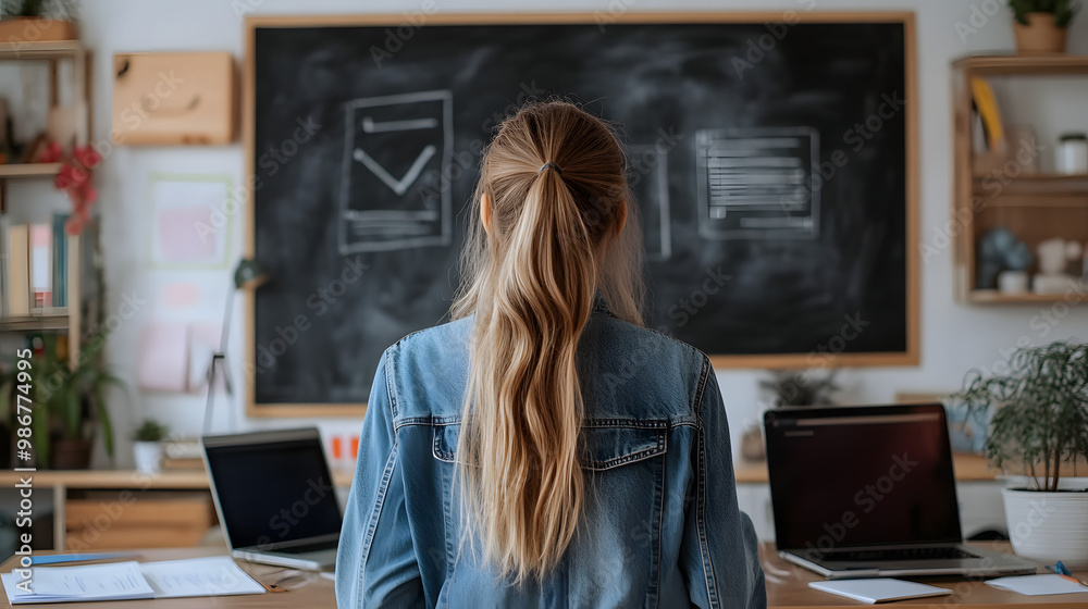 Professional woman at chalkboard with career change concept in multiple languages, globe and laptop in office setting, allowing space for text or design integration. Professional woman at chalkboard with career change concept in multiple languages, globe and laptop in office setting, allowing space for text or design integration.