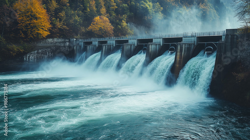 Hydroelectric dam with rushing water and electric turbines turning with the force of the flowing river water , generating clean energy for ecology and zero carbon targets .