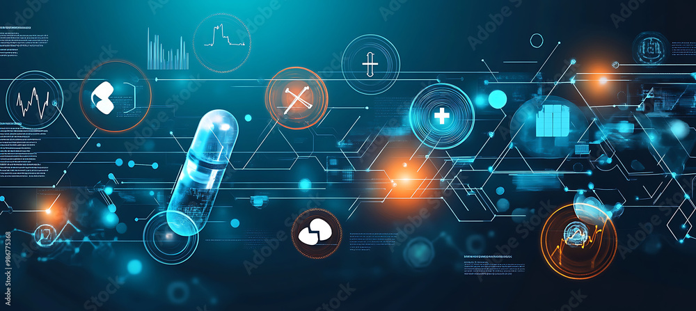 Intelligent pharma analytics powered AI visualized in a detailed vector ...