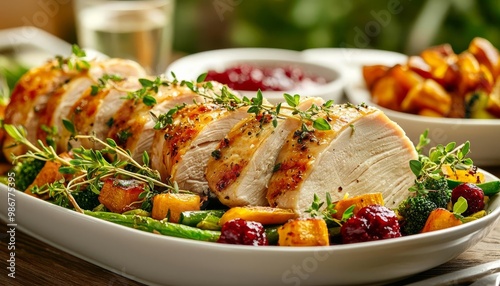 Close-up of juicy, carved turkey slices with cranberry sauce and roasted vegetables, Thanksgiving recipe, food photography