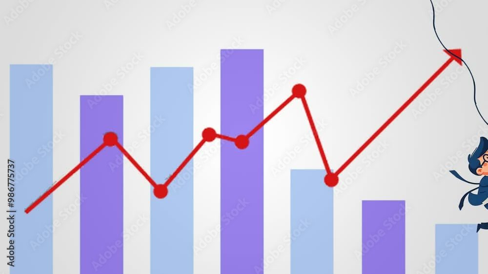 business concept on company income graph, A smart businessman slides on a rope on a graph that goes up and down business concept on company income graph, A smart businessman slides on a rope on a graph that goes up and down