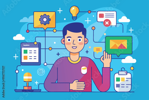 A person is illustrating logical concepts and tools in a colorful, engaging workspace setting, Customizable flat illustration with logic.
