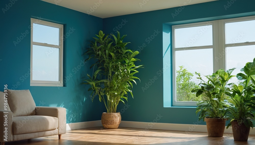 Fototapeta premium empty blue wall with plant. Green Plant in a Pot on a Windowsill with a Blue Wall 29 