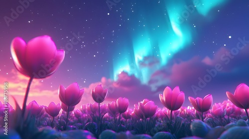 Pink Tulips Field Under Northern Lights Night Sky