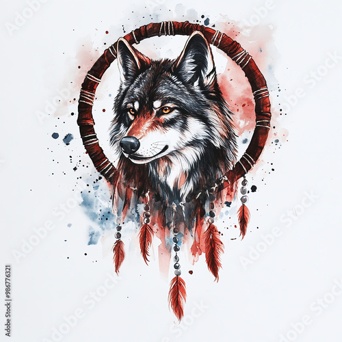 Colorful Watercolor Wolf Portrait with Dreamcatcher Feathers and Tribal Elements in Bohemian Style