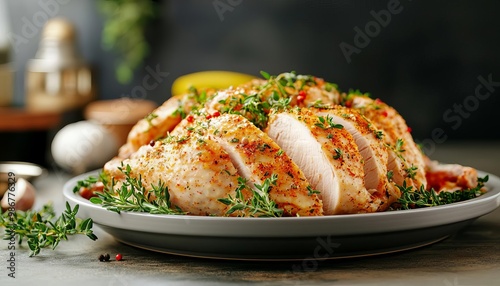 Thanksgiving turkey marinated in herb and garlic rub, ready for roasting, raw preparation stage, holiday cooking concept