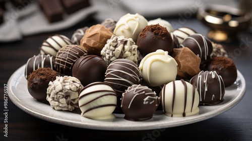 A mouthwatering spread of assorted chocolate truffles, including dark, milk, and white chocolates, artfully arranged on a white serving dish