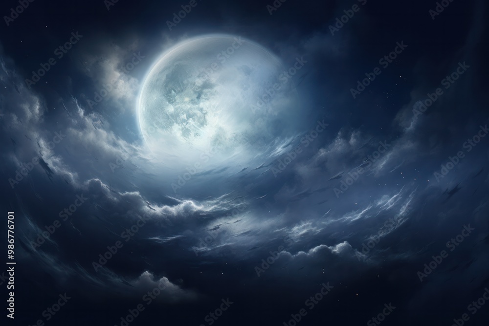 A mystical full moon shining brightly amidst a sky filled with thin, wispy clouds, creating a mysterious atmosphere A mystical full moon shining brightly amidst a sky filled with thin, wispy clouds, creating a mysterious atmosphere