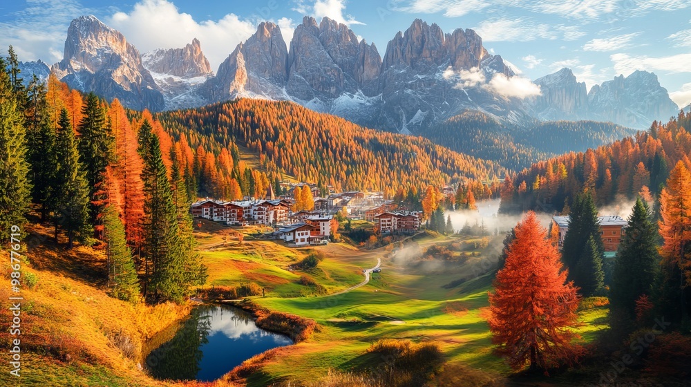Obraz premium Gorgeous view of the countryside in fall on the outskirts of Cortina d'Ampezzo. Gorgeous view of the Dolomite Alps in Italy in the morning. 