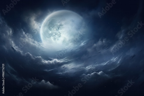 A mystical full moon shining brightly amidst a sky filled with thin, wispy clouds, creating a mysterious atmosphere