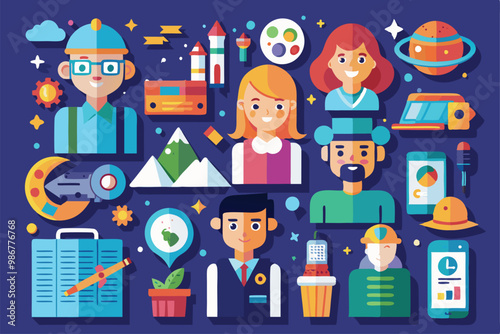 A colorful collection showcases various characters engaging in creative activities against a bright backdrop, Customizable flat illustrations collection.