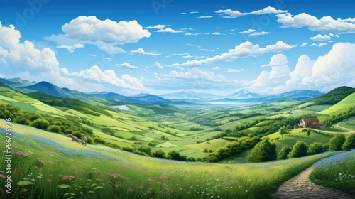 A panoramic view of a summer countryside with vibrant green hills, a winding trail, and a deep blue sky filled with soft, wispy clouds