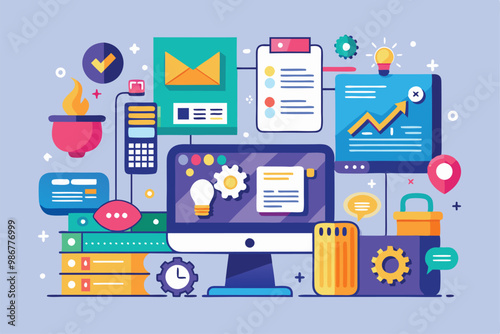 The illustration features various digital tools, devices, and icons used for managing creative projects efficiently, Customizable flat illustrations created with code typing.