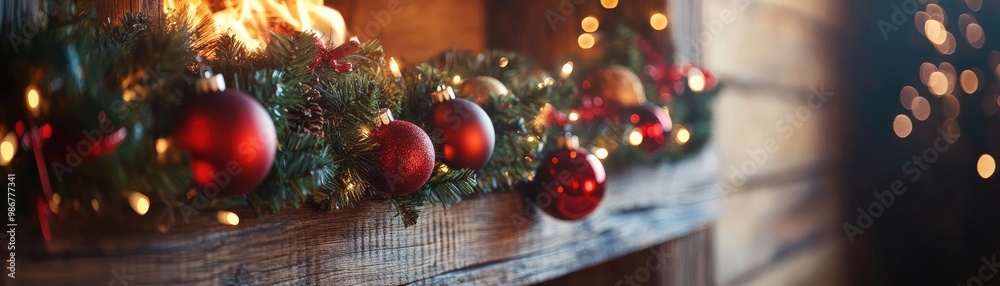 A cozy holiday scene featuring festive decorations, twinkling lights, and red ornaments around a fireplace for Christmas spirit. A cozy holiday scene featuring festive decorations, twinkling lights, and red ornaments around a fireplace for Christmas spirit.