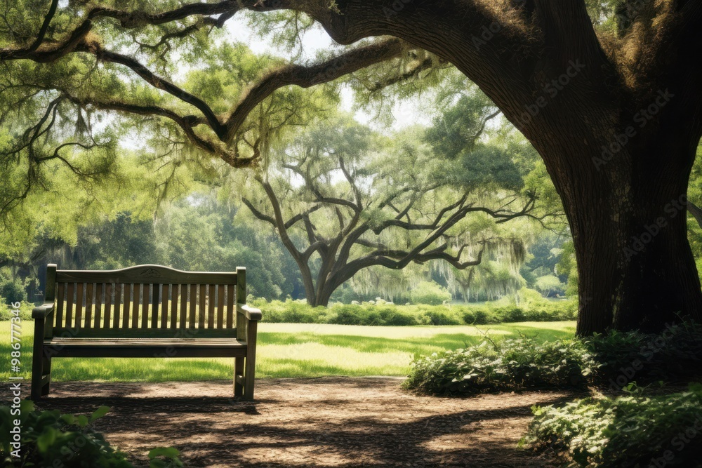A rustic wooden bench with a weathered finish, set against a lush green park backdrop, inviting relaxation A rustic wooden bench with a weathered finish, set against a lush green park backdrop, inviting relaxation