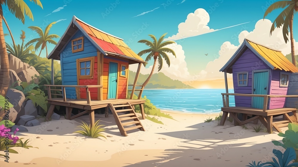 Obraz premium Colorful Beach Shack Cartoon Background Design