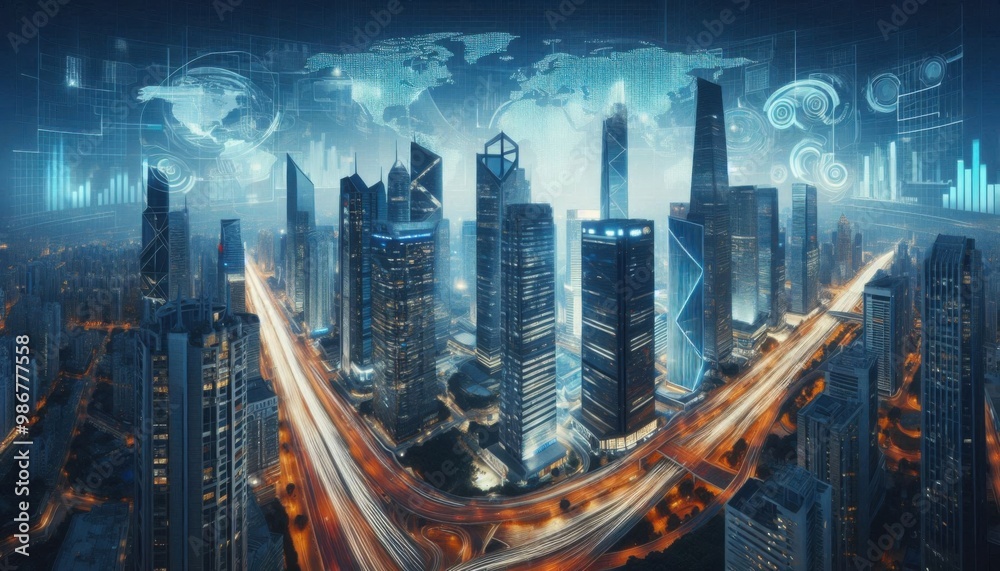 Fototapeta premium city skyline top view with a network background