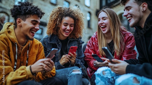 Group of friends sitting together, each engaged with their smartphones, texting and browsing social media, sharing a laugh while connected digitally