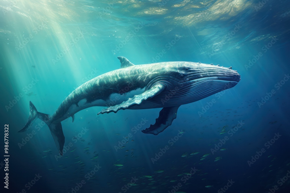 Naklejka premium A solitary whale swimming gracefully in the open ocean, its massive body partially submerged with only a portion of its tail visible above the water surface