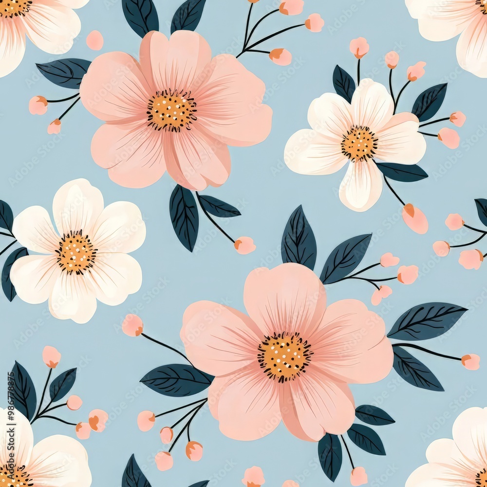 Delicate floral Seamless, pattern featuring soft pink and white flowers on a light blue background, perfect for spring designs. Delicate floral Seamless, pattern featuring soft pink and white flowers on a light blue background, perfect for spring designs.
