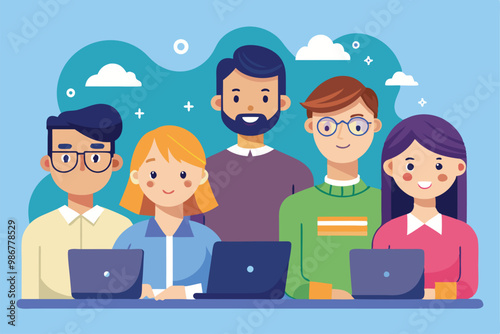 A diverse group of individuals gathers with laptops, ready to embrace a new team member at work, Customizable flat illustrations for new team members.