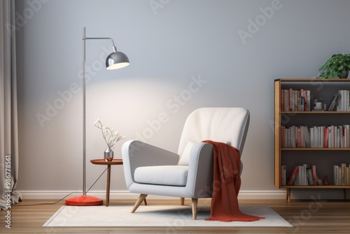 A stylish floor lamp with an adjustable arm and a bright LED light, illuminating a modern reading nook