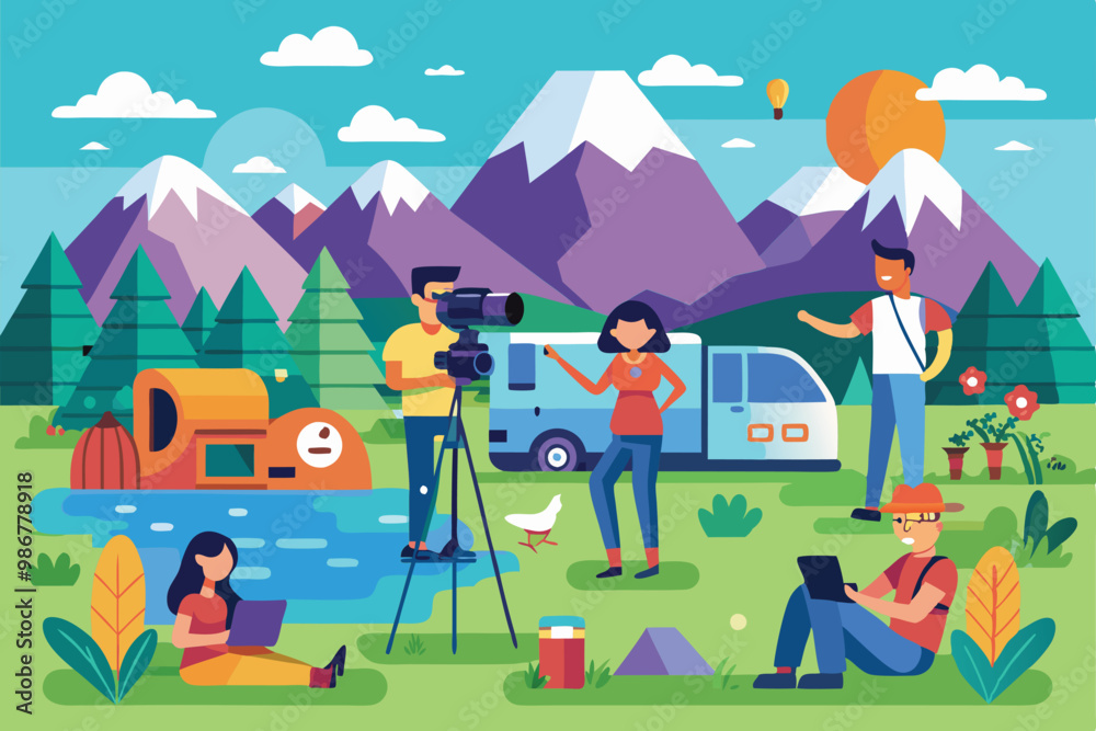 Fototapeta premium A group enjoys various outdoor activities in a vibrant setting near mountains and a serene lake, Customizable flat illustrations for outdoor photoshoots.