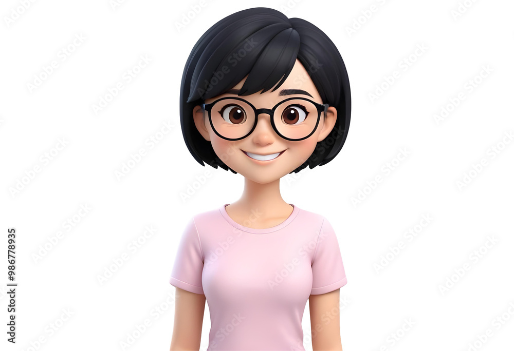 3d illustration of asian cute girl in glasses on transparent background. 3d illustration of asian cute girl in glasses on transparent background.