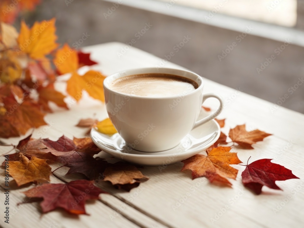 Cup of coffee and autumn leaves on a white wooden table Cup of coffee and autumn leaves on a white wooden table
