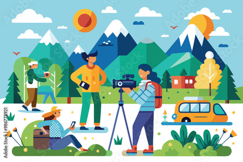 Groups of people engage in photography and relaxation amidst lush mountains and vibrant nature, Customizable flat illustrations for outdoor photoshoots.