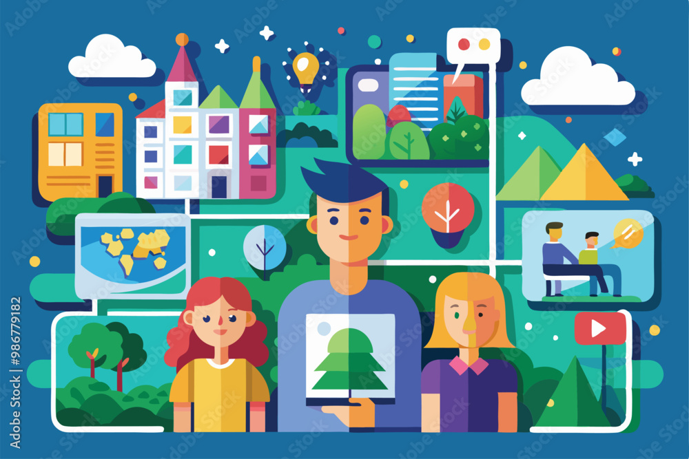 Fototapeta premium Customizable flat illustrations depict people engaged in activities surrounded by landscapes and buildings, Customizable flat illustrations for segmentation.