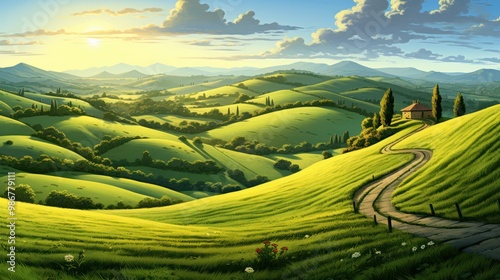 A tranquil landscape with rolling green hills, a winding dirt path, and golden sunlight casting long shadows in the late afternoon