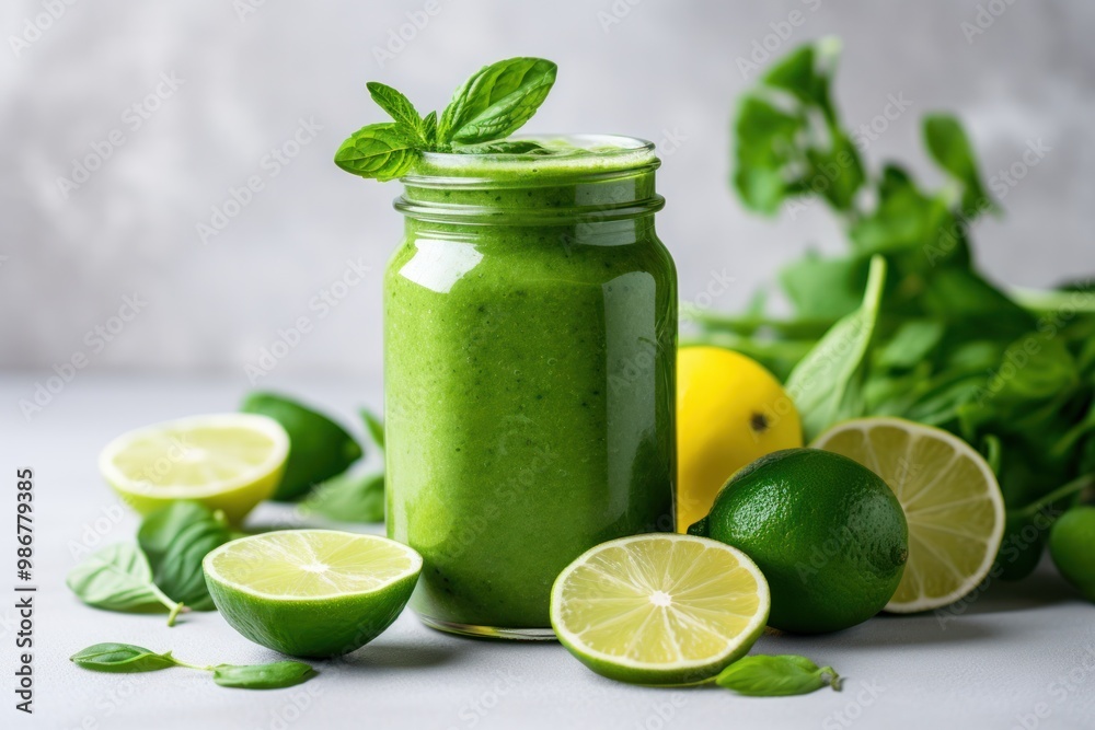 A vibrant green smoothie in a mason jar, garnished with fresh herbs and lime slices, set on a bright white surface with scattered spinach leaves and green fruit