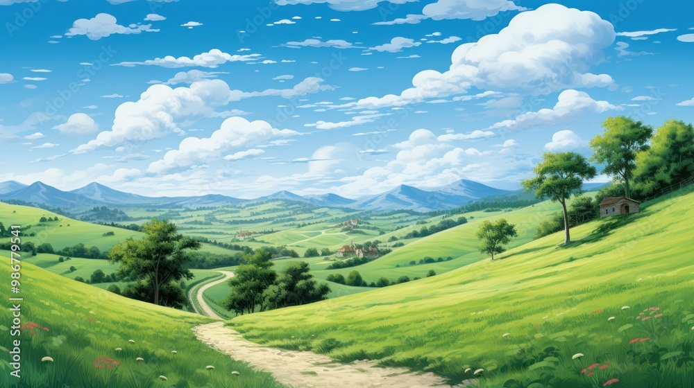 Fototapeta premium A vibrant summer landscape featuring lush green rolling hills under a bright blue sky with a winding path leading into the distance