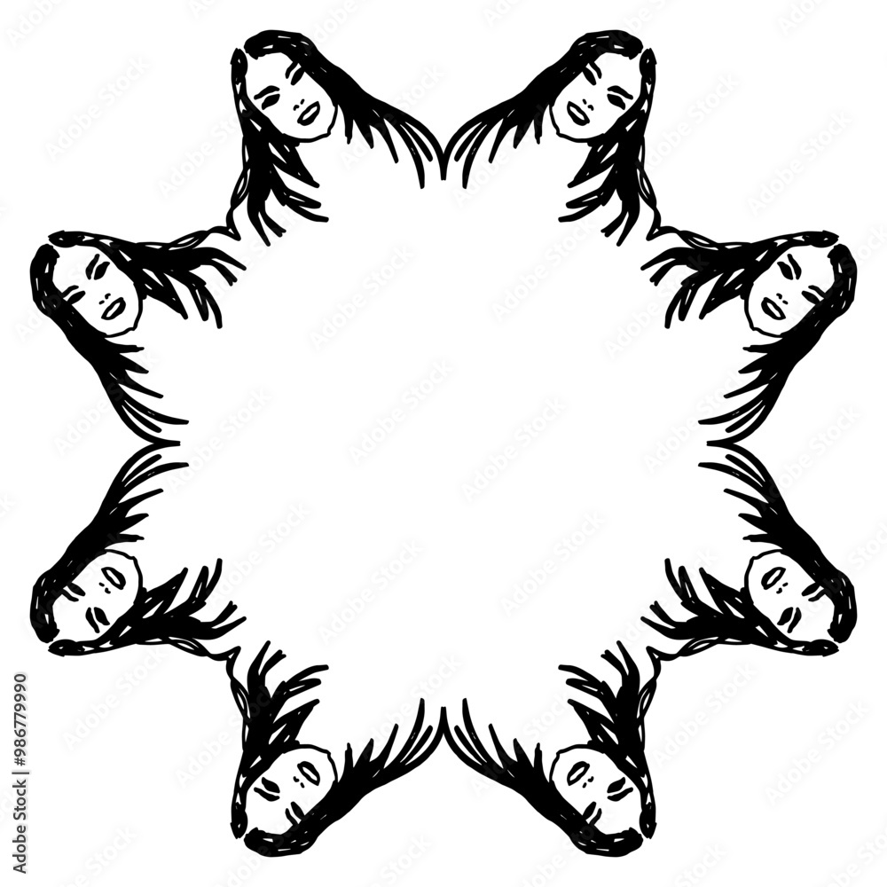 Obraz premium Round frame with female heads. Geometrical border with heads of pretty woman with loose long hair. Hand drawn sketches. Black silhouette on white background.
