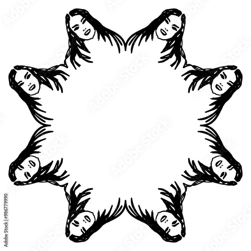 Round frame with female heads. Geometrical border with heads of pretty woman with loose long hair. Hand drawn sketches. Black silhouette on white background.