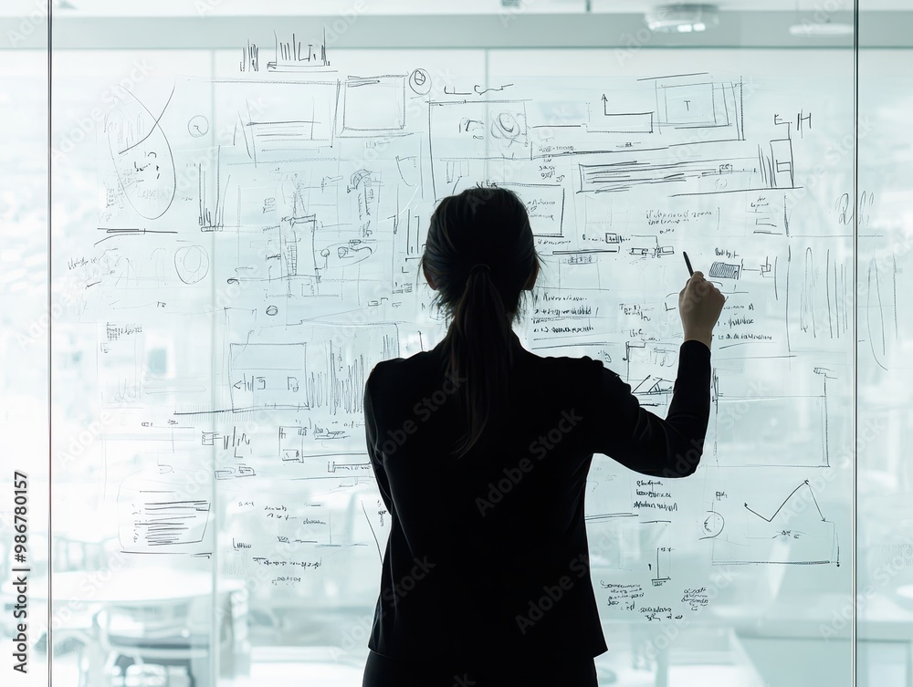 A silhouette of a person writing on a glass board filled with diagrams and notes, illustrating creativity and brainstorming in a modern workspace. A silhouette of a person writing on a glass board filled with diagrams and notes, illustrating creativity and brainstorming in a modern workspace.