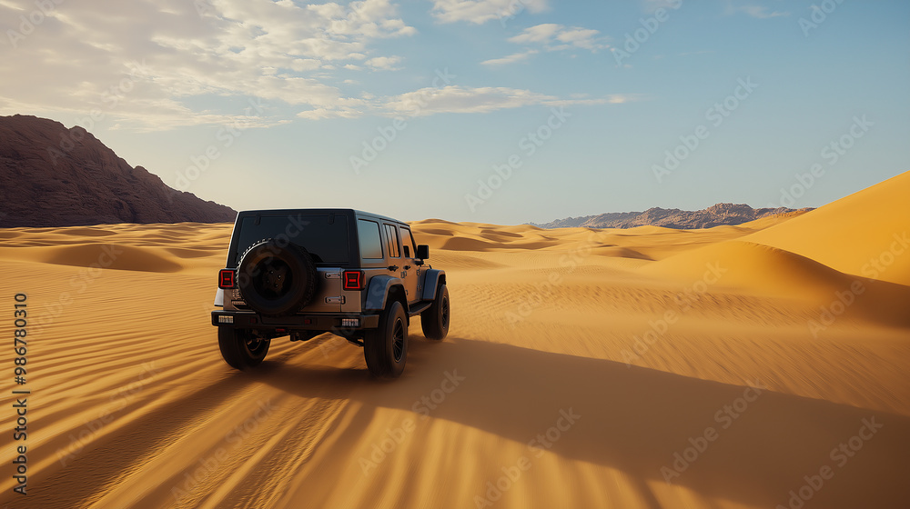 Off road vehicle crossing desert sand dunes at sunset Off road vehicle crossing desert sand dunes at sunset