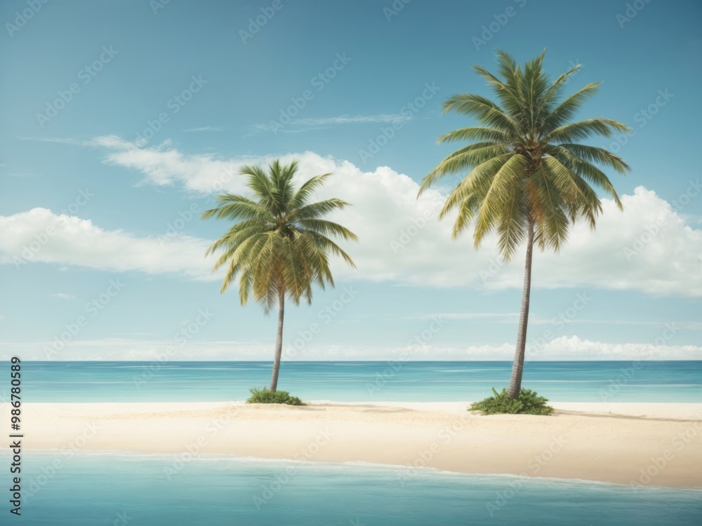 Fototapeta premium Coconut trees with beach sand on blue background.