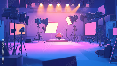 Empty film studio with lighting equipment is waiting for actors and director