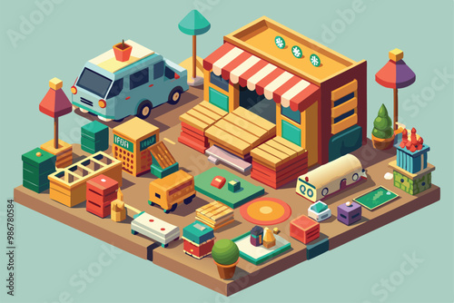 A vibrant isometric depiction of a flea market featuring diverse stalls, colorful vehicles, and playful vendors, Customizable flea market illustration in isometric style.