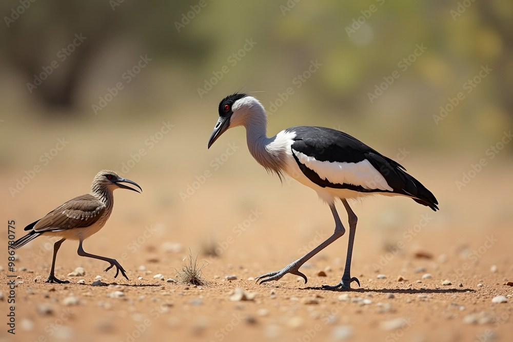 Obraz premium Two birds interacting in a dry environment, showcasing unique species and behavior in nature