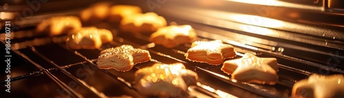 Freshly baked cookies cooling in the oven, showcasing golden edges and festive shapes, perfect for holiday celebrations.