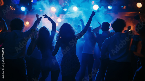 Crowd of young people dancing at nightclub party